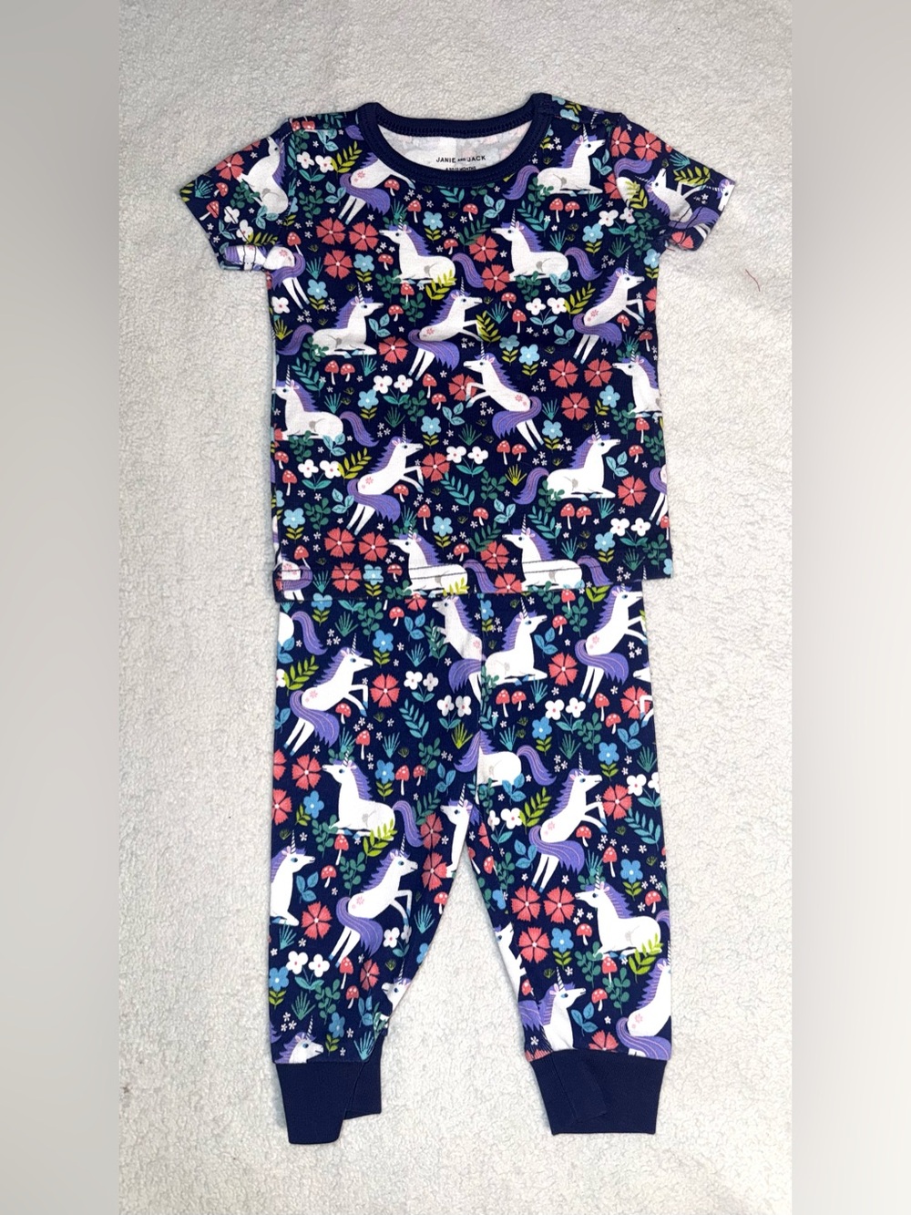 Janie and Jack Girls Navy Unicorn and Floral Pajama Set, size 6-12 mos, NWOT